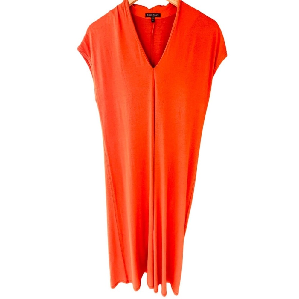 Eileen Fisher Orange Viscose Jersey V-Neck Sleeveless Shift Dress Medium USA